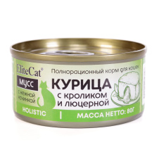 ELITECAT Полнорационный корм для кошек консервированный "Курица с кроликом и люцерной", мусс, 80гр 
