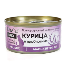 ELITECAT Полнорационный корм для кошек консервированный "Курица и пробиотики", мусс, 80гр